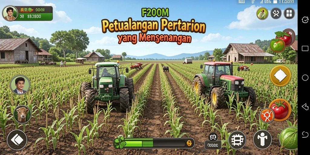 Tangkapan layar F200M menampilkan pengalaman bertani yang seru dan menarik.