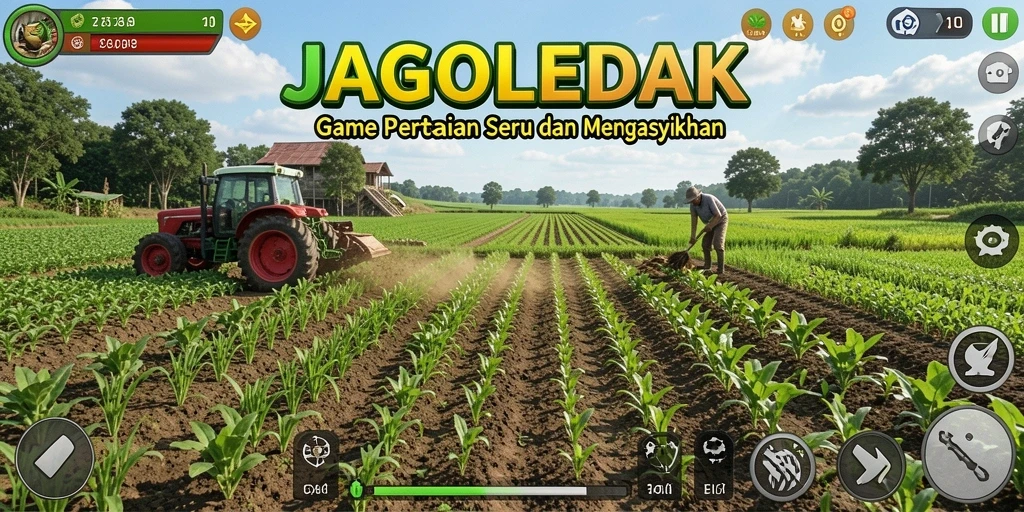 Gameplay menarik JAGOLEDAK dengan ladang hijau dan aktivitas pertanian.