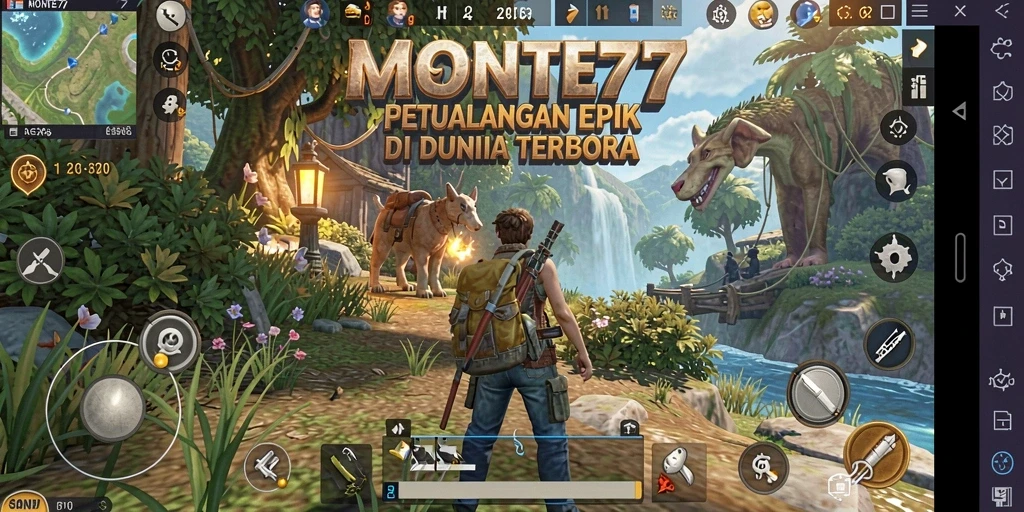 Screenshot gameplay MONTE77 yang menampilkan dunia terbuka yang luas dan indah.