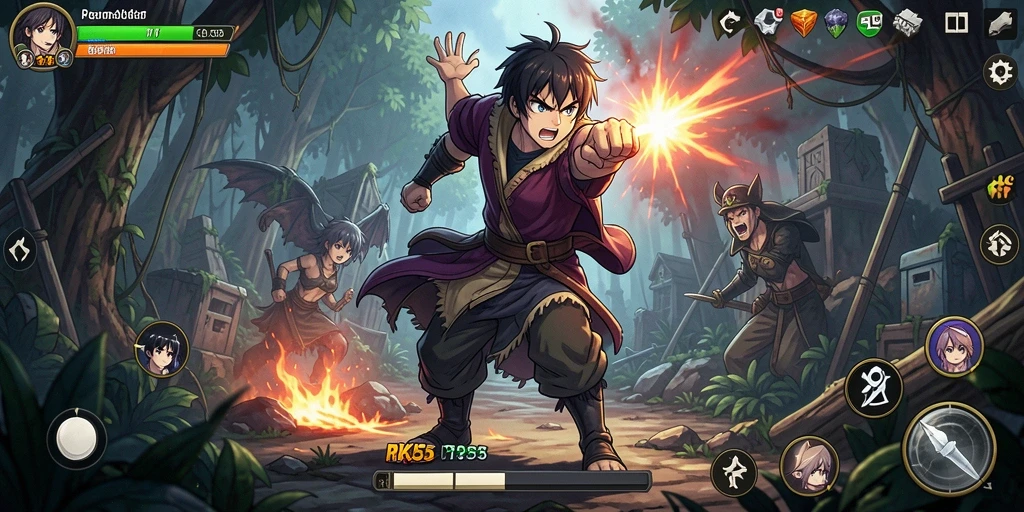 Tampilan gameplay RK55 yang penuh warna dan dinamis.