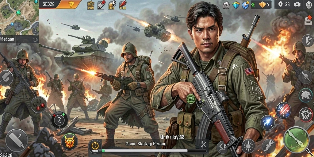 Screenshot utama SE328 menunjukkan pertempuran intens dalam game strategi.