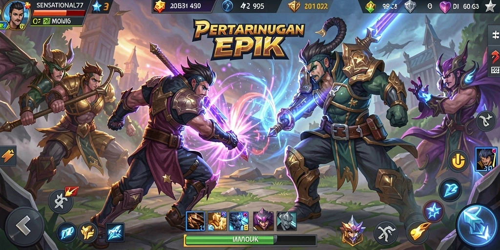 Screenshot SENSATIONAL77 menampilkan pertarungan sengit dalam arena MOBA.