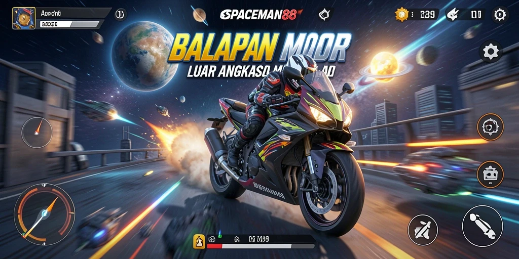 Screenshot gameplay seru dari SPACEMAN88, balapan motor luar angkasa.