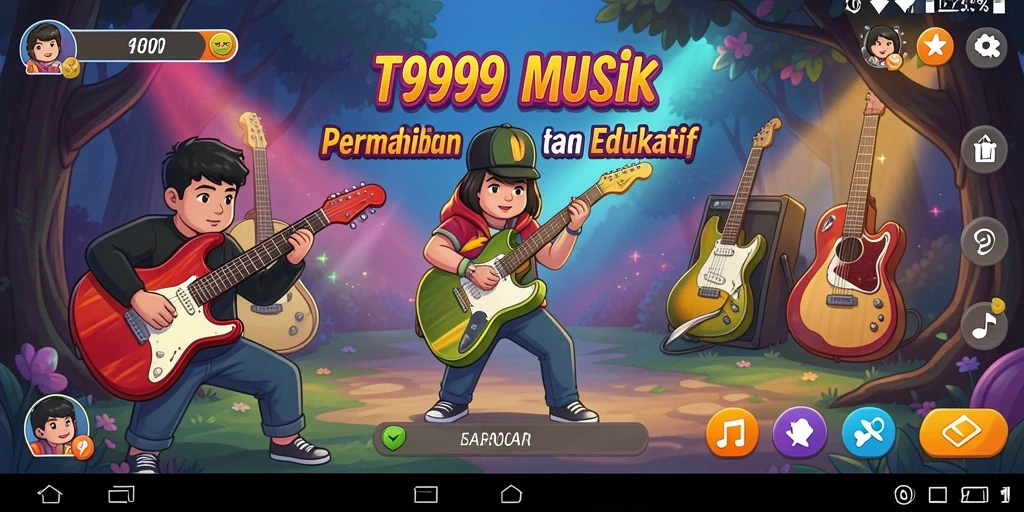 Screenshot T9999 menampilkan antarmuka permainan musik yang interaktif dan berwarna-warni.