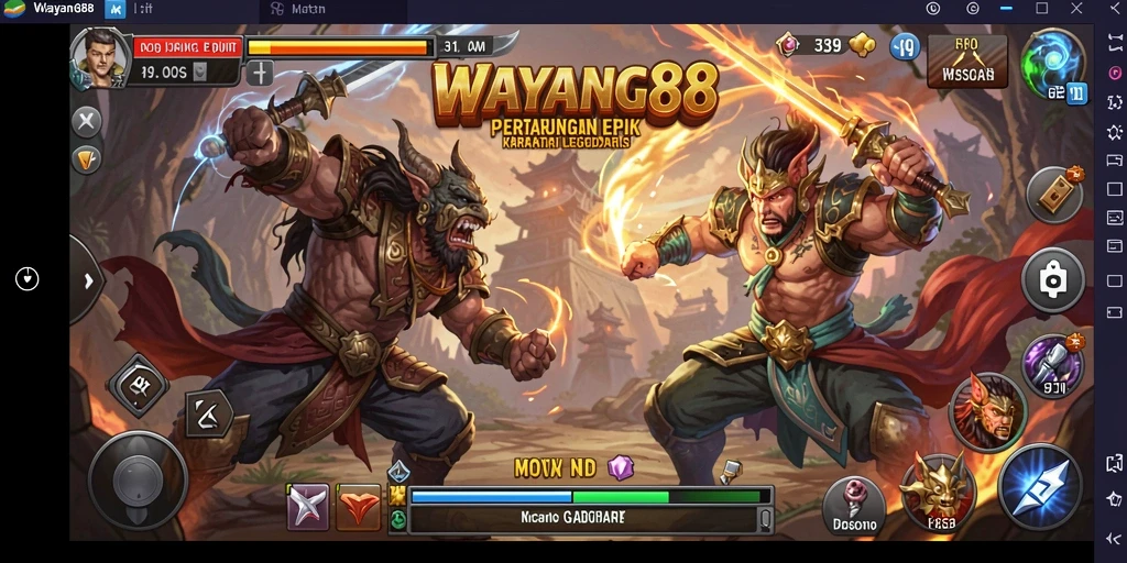 Screenshot gameplay WAYANG88 menampilkan aksi pertarungan intens dengan karakter wayang.